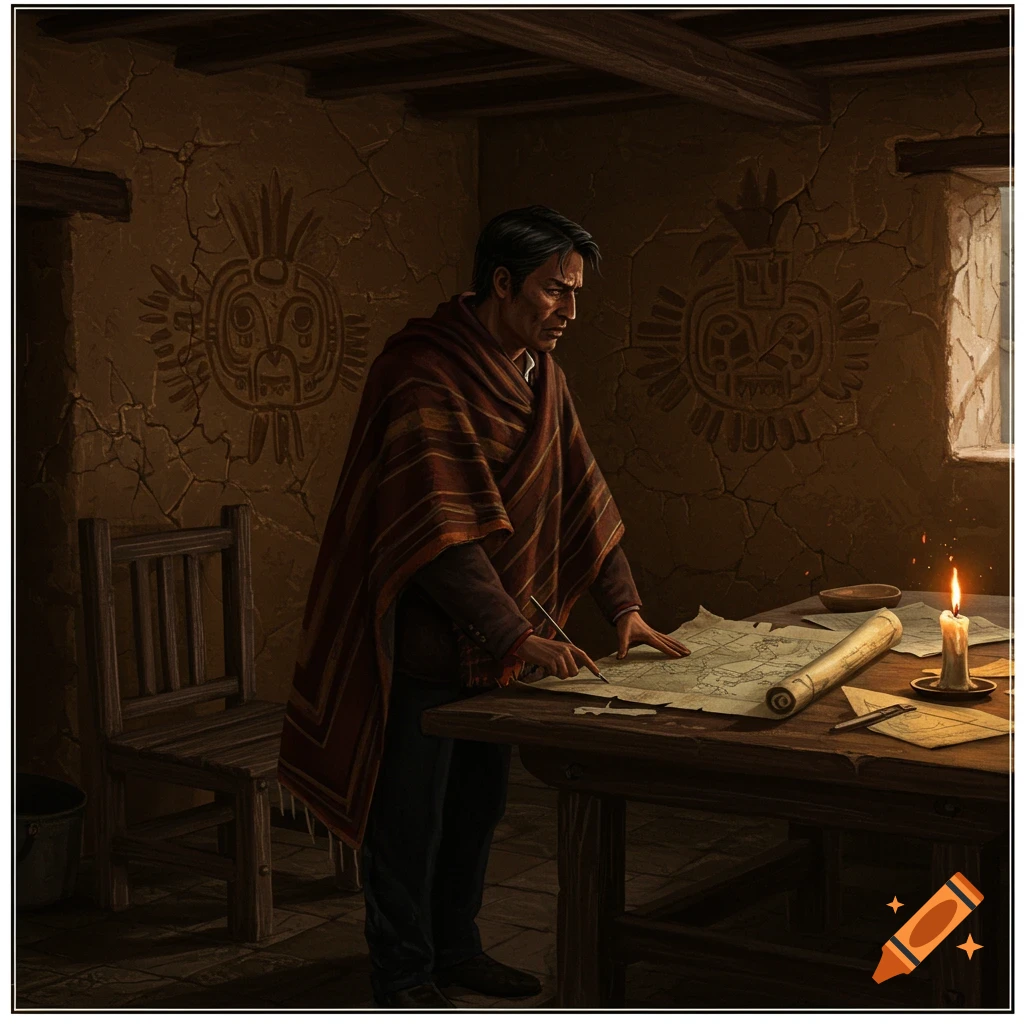 A man in a poncho leans over a map on a table, illuminated by a candle in a rustic room with carved wall symbols.