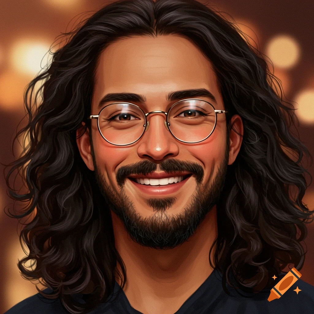 A smiling man with long curly black hair, a beard, a mustache, and round glasses in an illustrated style.