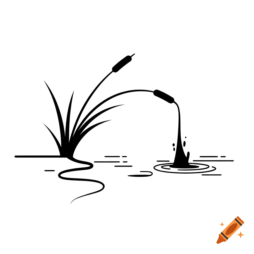 A minimal, monochrome vector icon of a slender river reed bending over a stream, with black ink flowing from its tip into a pool.