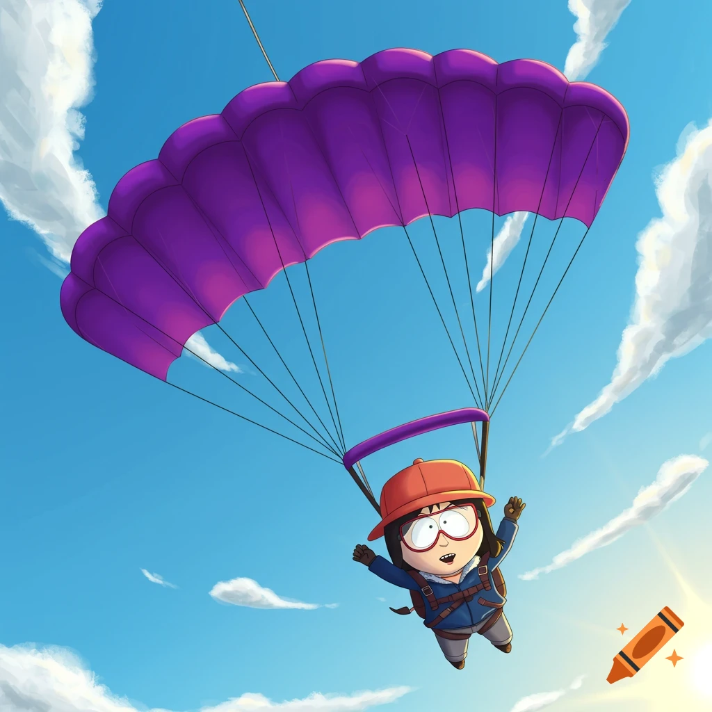 Cartoon character Wendy Testaburger from South Park skydiving with a purple parachute against a blue sky with clouds.