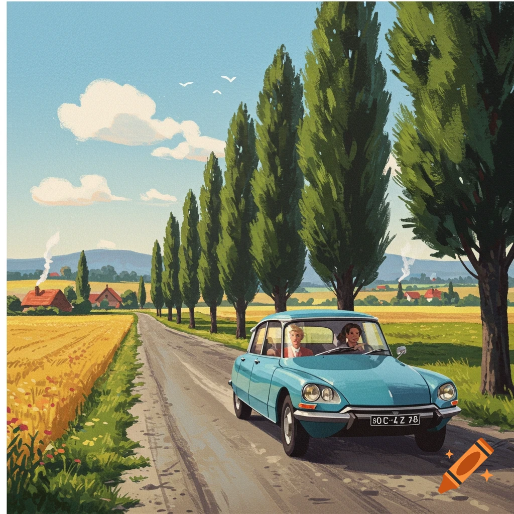 A retro illustration of a blue car with two people driving on a country road lined with tall trees and fields under a blue sky.