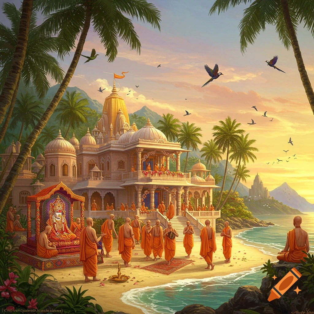 A vibrant painting of a temple on a tropical beach at sunset, with monks in orange robes gathered by the water and palms swaying.