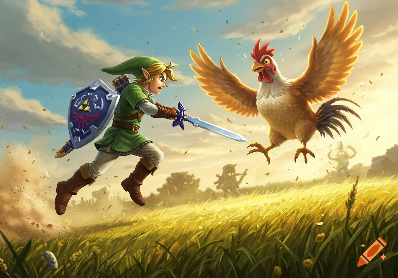 Link fights a giant chicken with a sword in a vibrant, illustrated fantasy landscape.