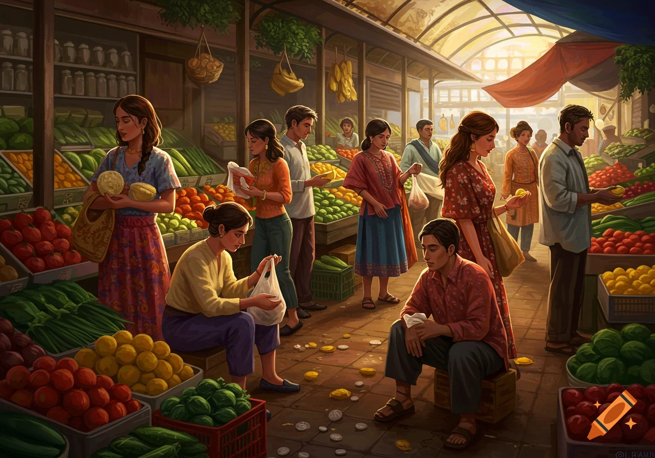 A vibrant, detailed illustration of a bustling outdoor produce market with people shopping for fruits and vegetables.