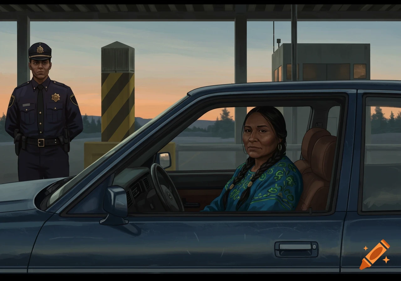 Illustration of an Indigenous woman in a car at a border crossing looking at a police officer standing outside.