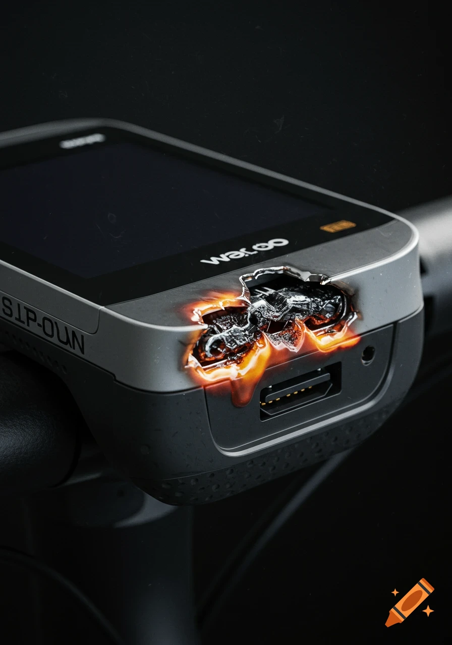 Close-up of a Wahoo bike computer with a burnt and melted USB-C port, showing internal damage and glowing embers.
