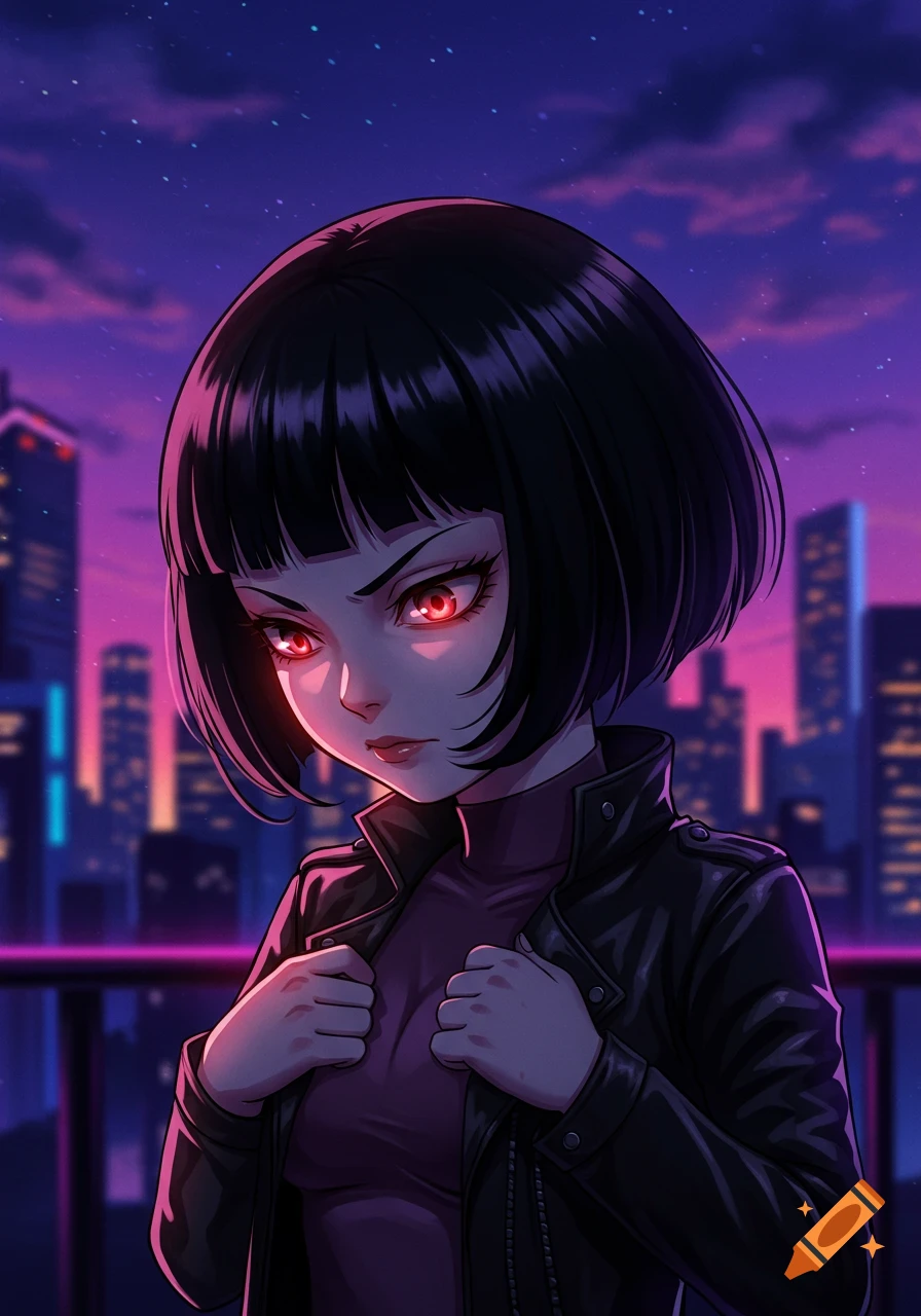 Anime drawing of an angry girl with a bob cut, red glowing eyes, wearing a leather jacket, against a neon city nightscape.