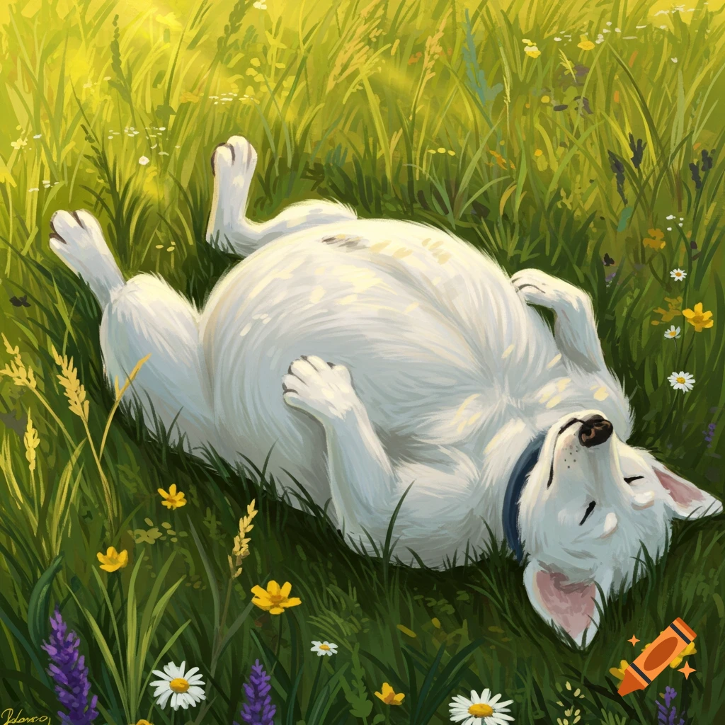 A white Labrador lies on its back, belly up, in a sunny field of green grass and colorful wildflowers. Digital art.
