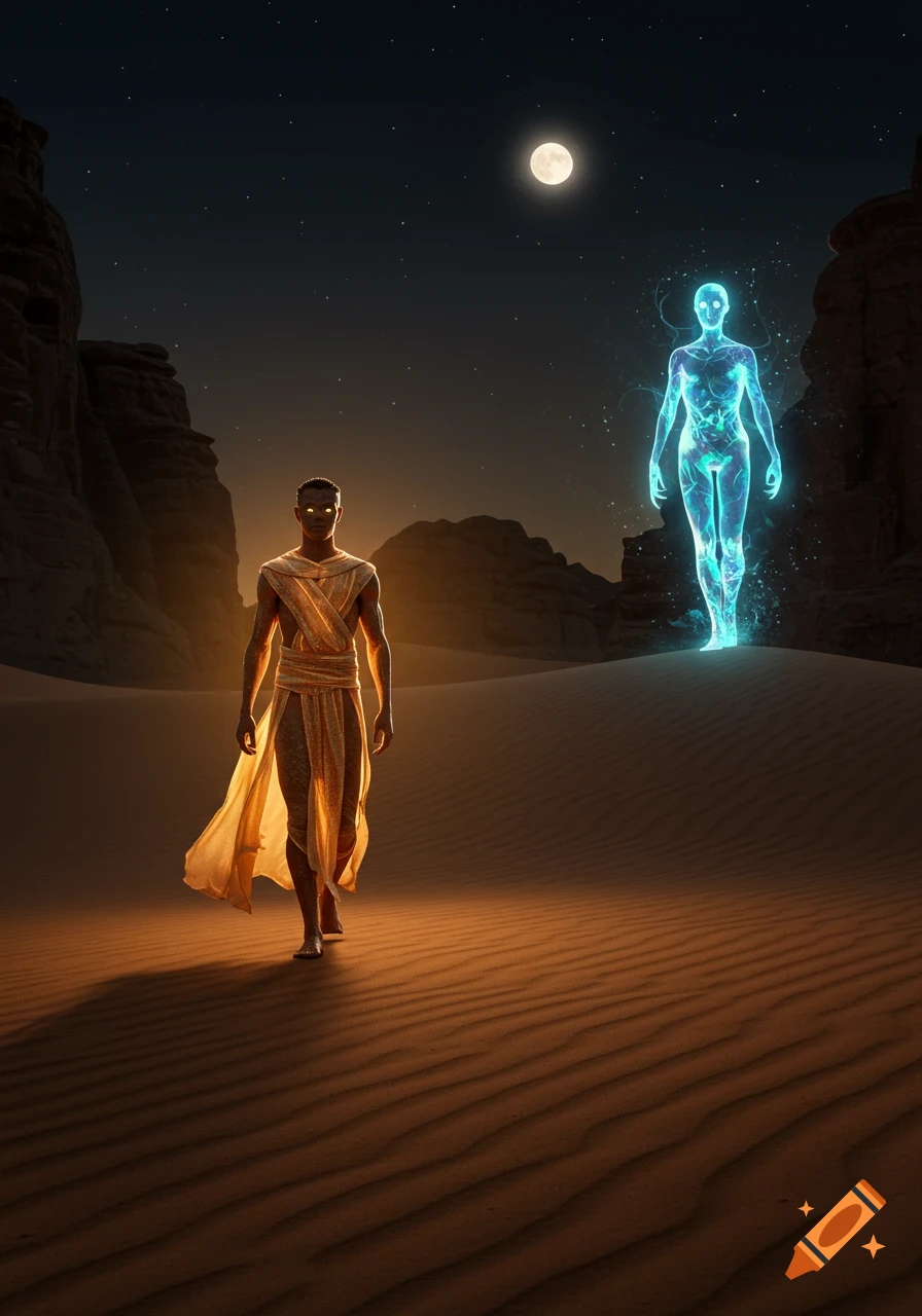 A man with glowing gold skin and wrapped in golden cloth walks barefoot through a desert at night, facing a luminous blue ethereal figure under a full moon.
