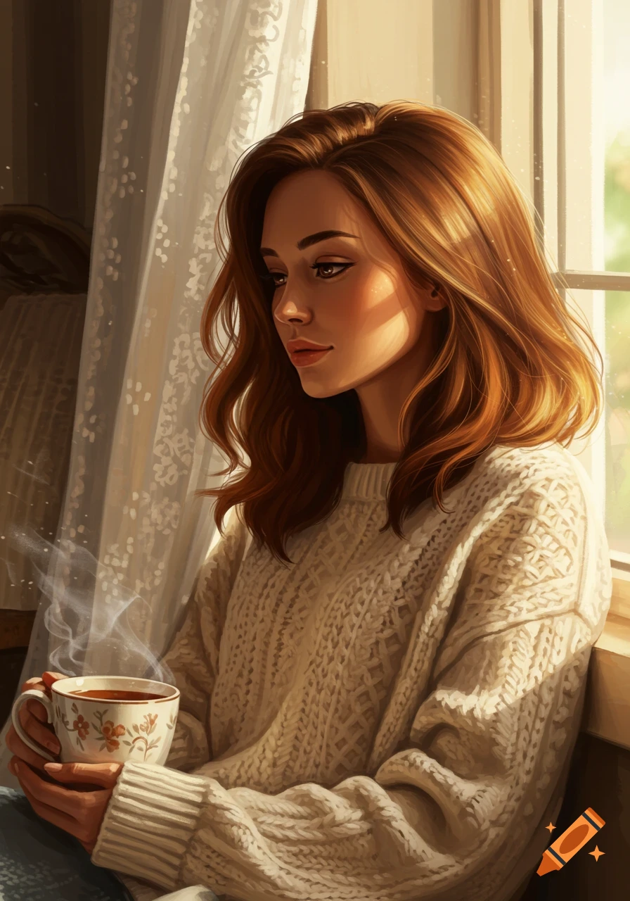 A woman with long chestnut hair in a cream sweater, holding a steaming mug by a sunny window, in an illustrative style.