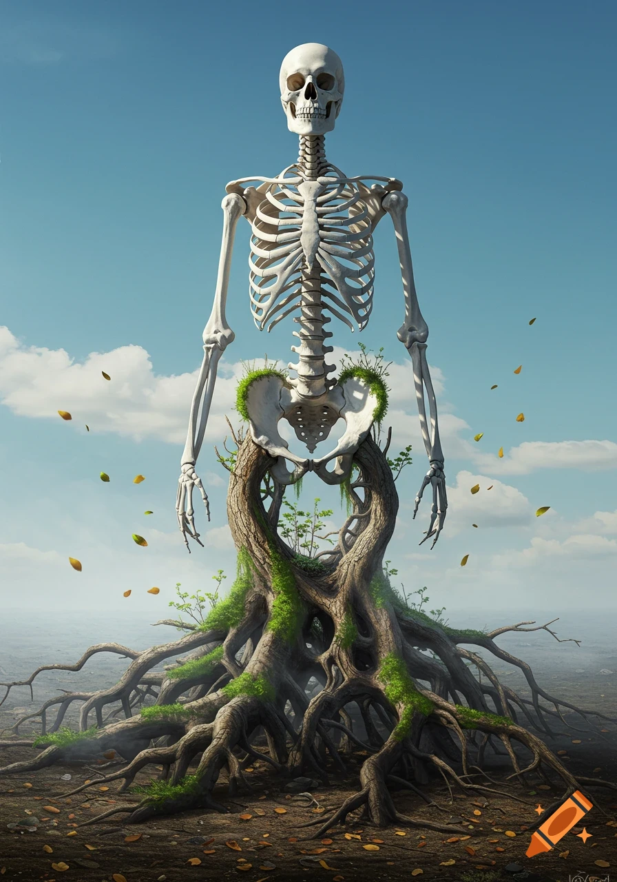 Photorealistic human skeleton with its lower body transforming into gnarled, mossy tree roots on dry ground under a blue sky.