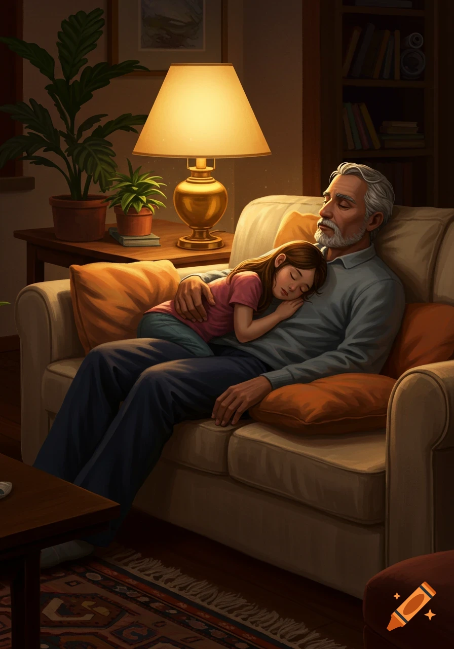 An elderly man and a young girl peacefully sleeping on a living room couch under a warm lamp.