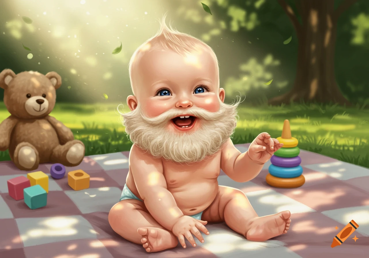 Cartoon baby with a white beard sitting on a picnic blanket in a sunny park, surrounded by toys and a teddy bear.