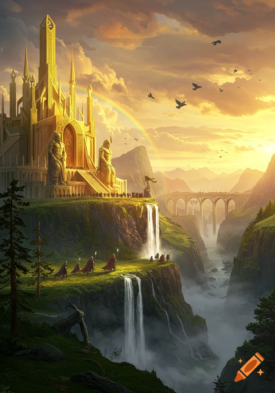 A golden fantasy castle stands on a cliff with waterfalls, overlooking a misty valley and distant bridge under a dramatic sunset sky with a rainbow.