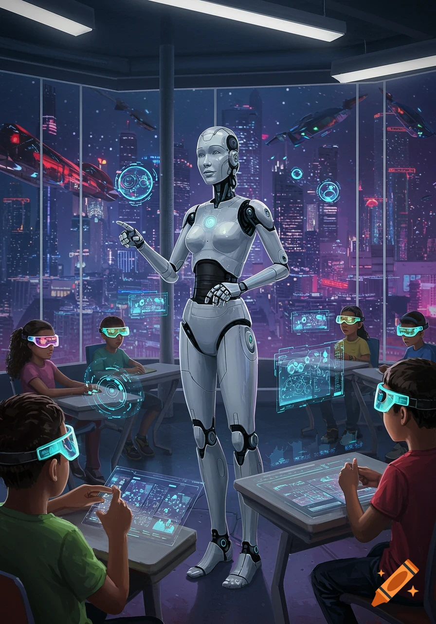 A humanoid robot teacher teaches children using holographic screens and VR headsets in a futuristic classroom overlooking a neon city.