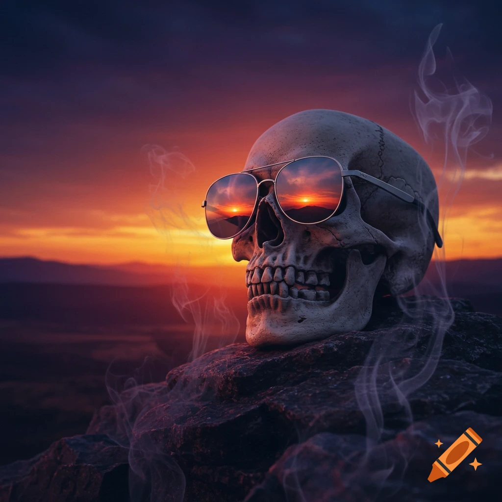 Close-up of a skull wearing sunglasses, reflecting a vibrant sunset, with smoke and a dramatic sunset landscape.