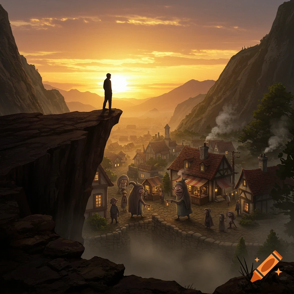 Man on a cliff overlooks a fantasy village with strange, cartoonish creatures and houses at sunset, surrounded by mountains.