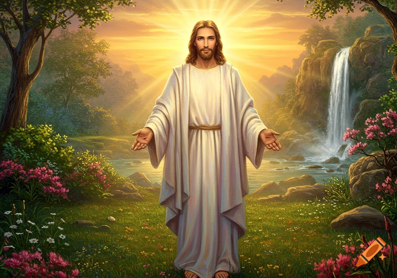 Jesus with outstretched hands stands in a lush garden with a waterfall, surrounded by flowers under a bright, sunny sky.