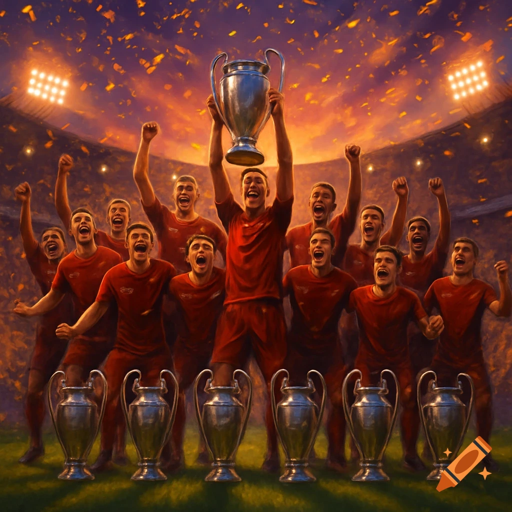 A triumphant soccer team celebrates in a stadium, with players holding a large trophy aloft and multiple trophies on the ground.