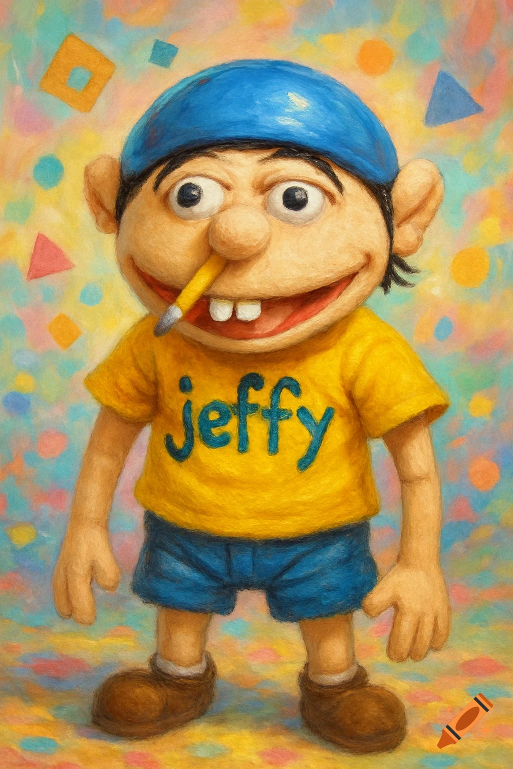 A puppet kid wearing a blue hat, yellow shirt with 'jeffy' written on it, blue shorts, and brown shoes, against a colorful, textured background in a painted style.