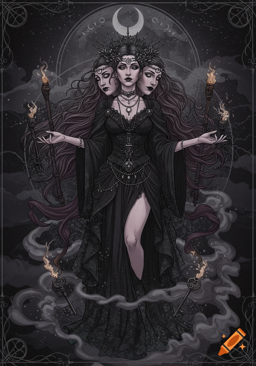 A dark fantasy illustration of the three-faced goddess Hecate in a black gothic dress, holding two torches. She stands amidst swirling mist and occult symbols, under a crescent moon, with an ominous and elegant feel.