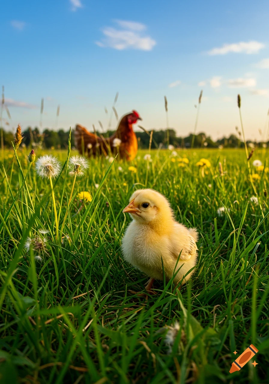 A fluffy yellow chick stands in bright green grass with dandelions, a blurred brown chicken in the background, under a blue sky.