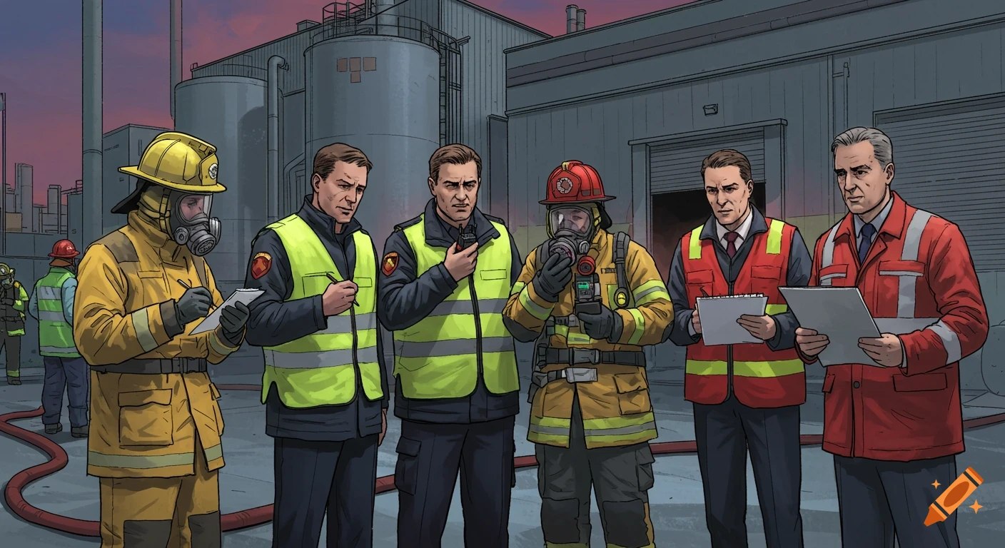 Comic illustration of emergency responders and officials in protective gear and vests at an industrial chemical plant.