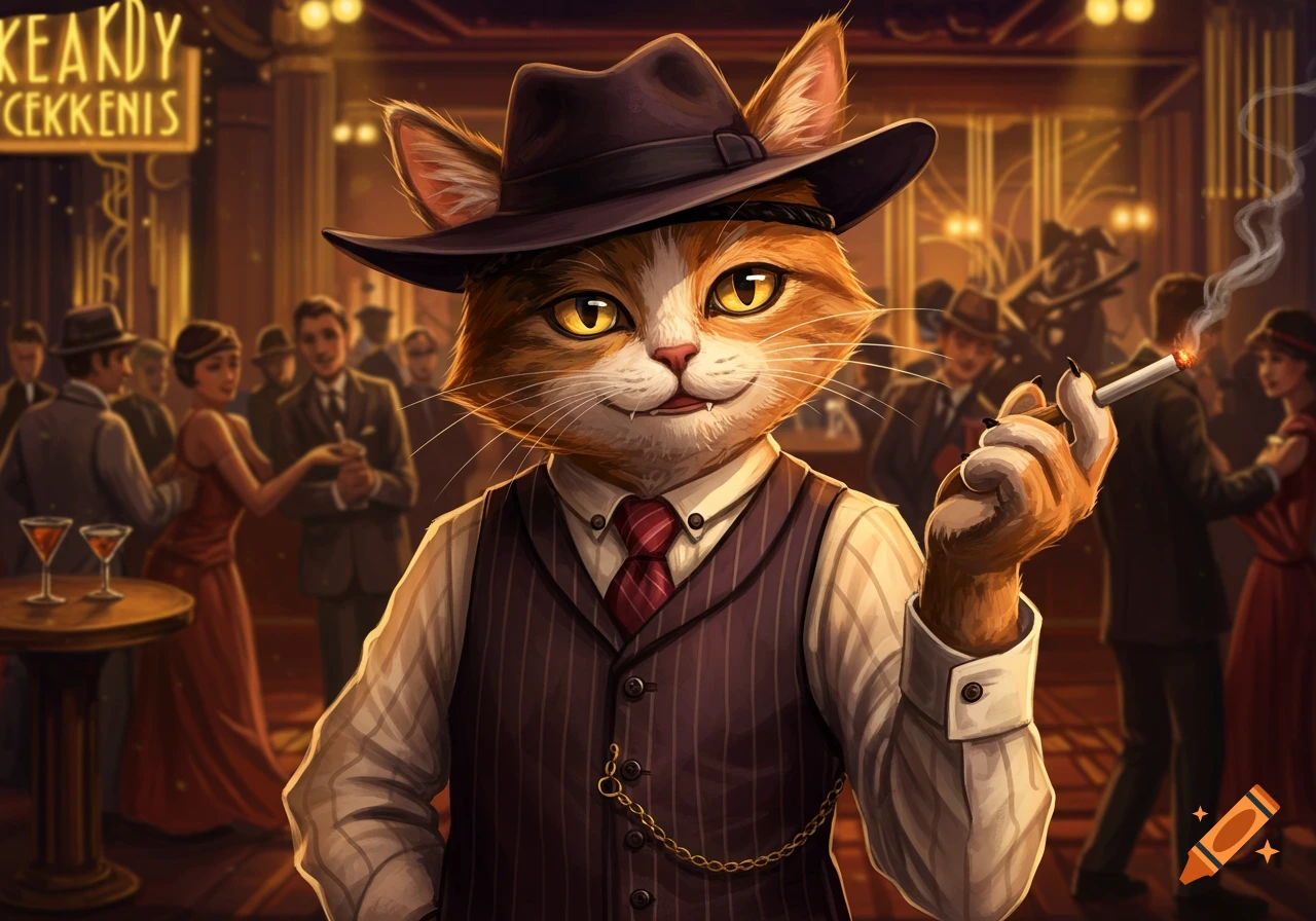A stylish anthropomorphic calico cat in a fedora and pinstriped vest smokes a cigarette in a 1920s speakeasy.