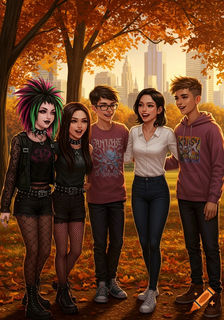 Five diverse teenagers, including two in alternative emo style, pose and smile in an autumn park with a city skyline in the background.