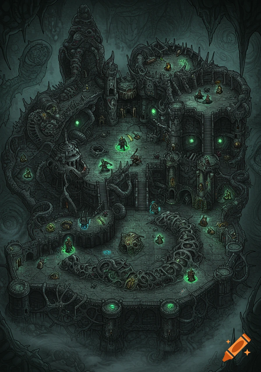 Overhead view of a dark, H.R. Giger-inspired fantasy dungeon battle map with biomechanical structures and glowing green elements.