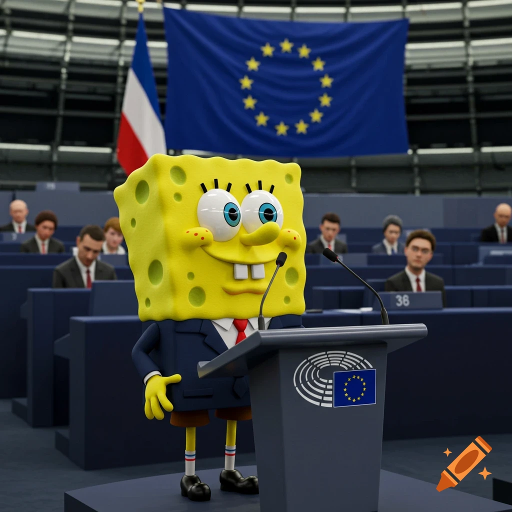 Hyperrealistic Spongebob Squarepants in a suit speaks at a podium in the European Union Parliament, with EU and French flags behind him.