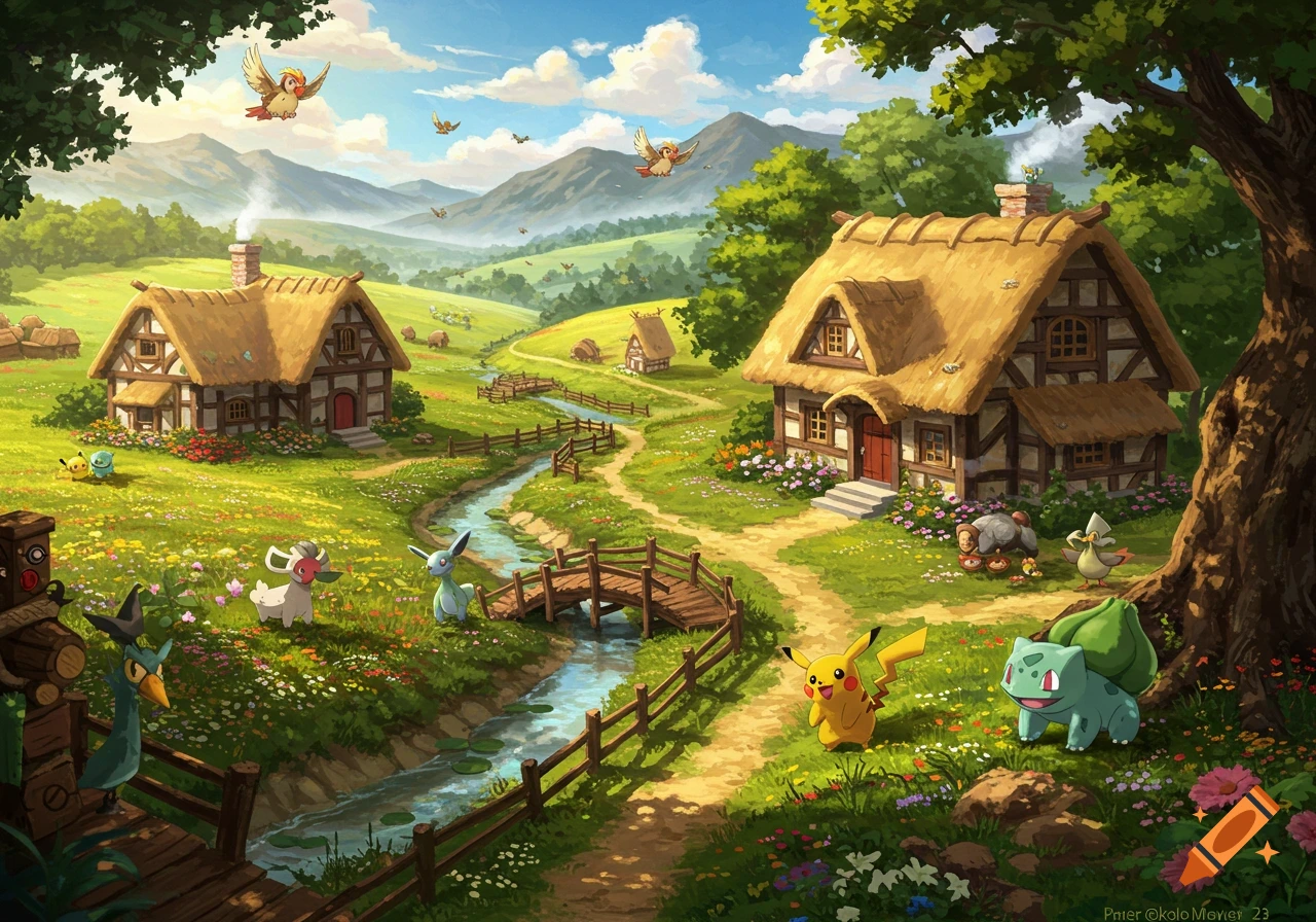 Illustrated idyllic village scene with various Pokemon, thatched-roof houses, a stream, and green hills.