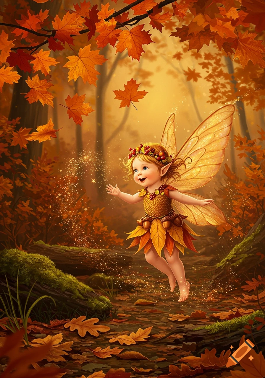 A cute, smiling baby fairy with golden wings and a leaf dress floats amid magical sparkles in a vibrant autumn forest with falling orange leaves.