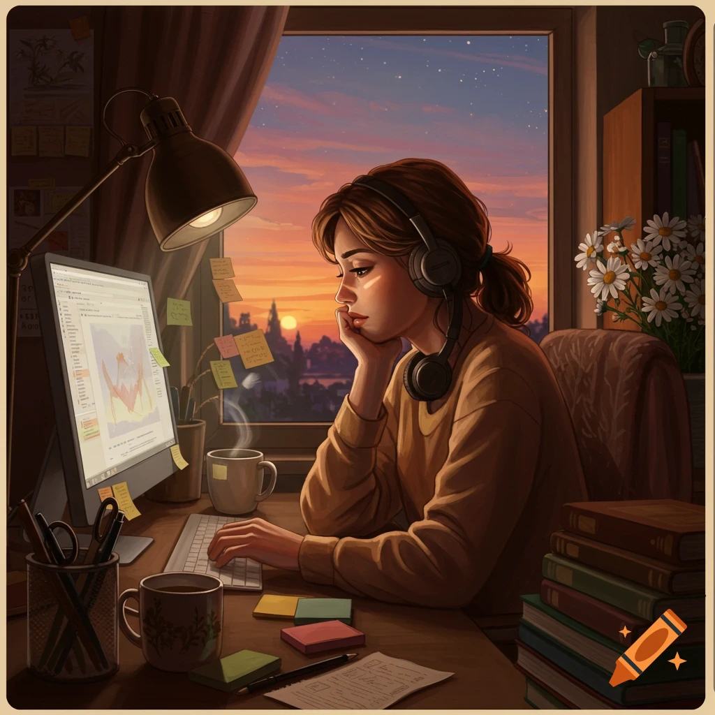 An animated woman with headphones studies at a desk with a computer and books, silhouetted against a vibrant sunset.