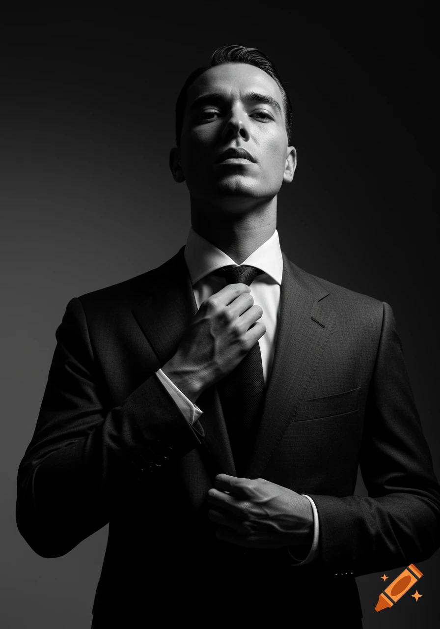 Cinematic black and white portrait of a man in a tailored suit adjusting his tie, illuminated by strong side lighting.
