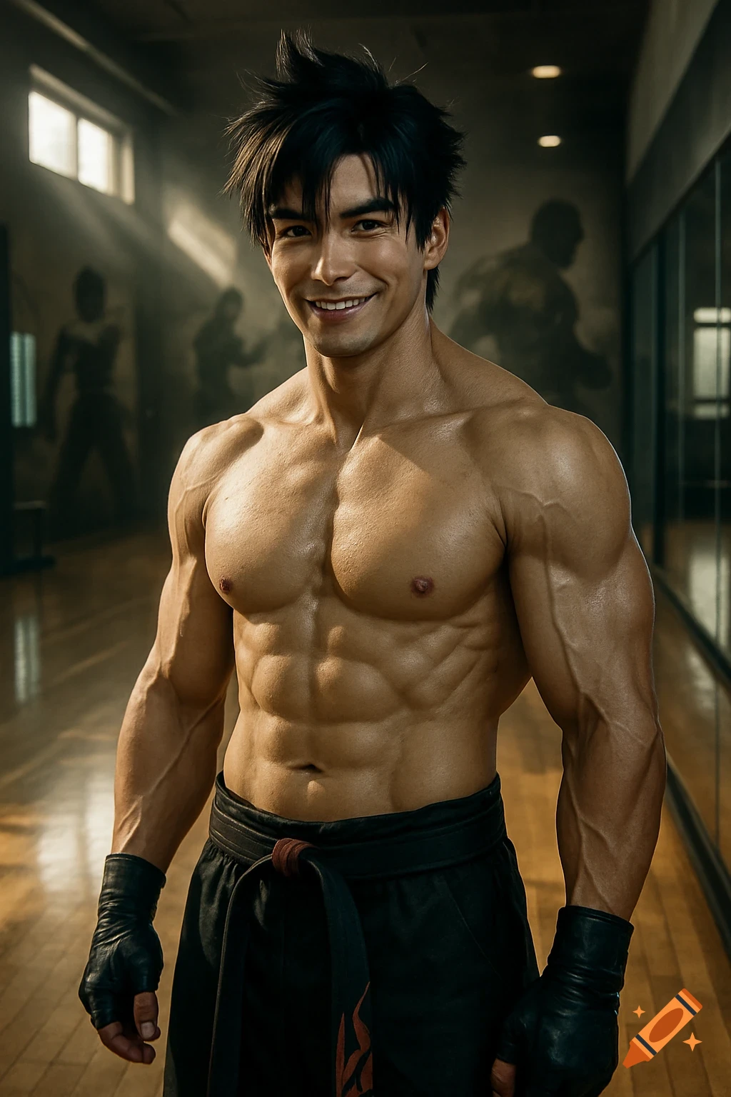 Muscular Jin Kazama, a man with spiky black hair, smiles shirtless in a martial arts gym with cinematic lighting.