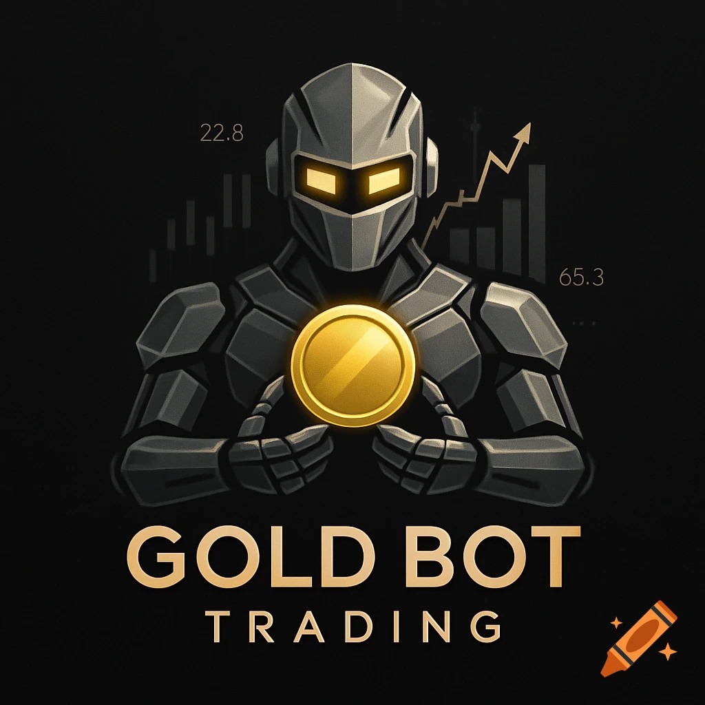 A stylized logo featuring a dark metallic robot holding a shining gold coin, with the text "GOLD BOT TRADING" below and financial graphs in the background.