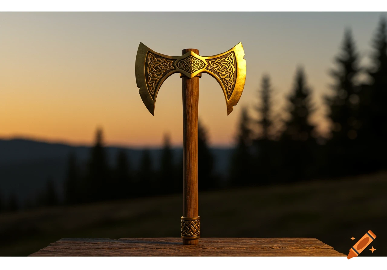 A golden, stylized Norse broadaxe with Celtic knot patterns stands on a wooden surface against a blurred sunset forest background.