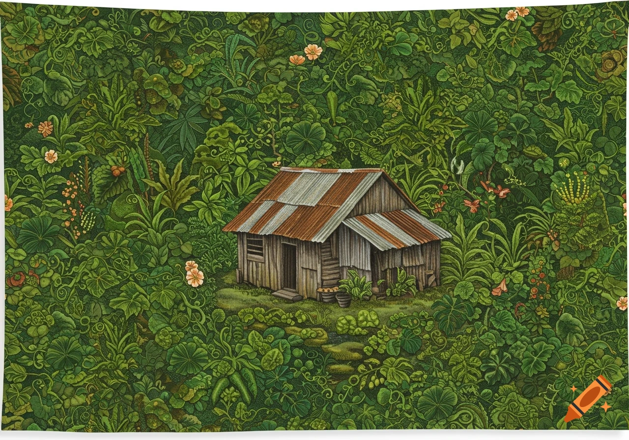 A rustic Creole shack with a corrugated tin roof is nestled amidst dense, lush green foliage and small flowers, in a detailed, illustrative style.