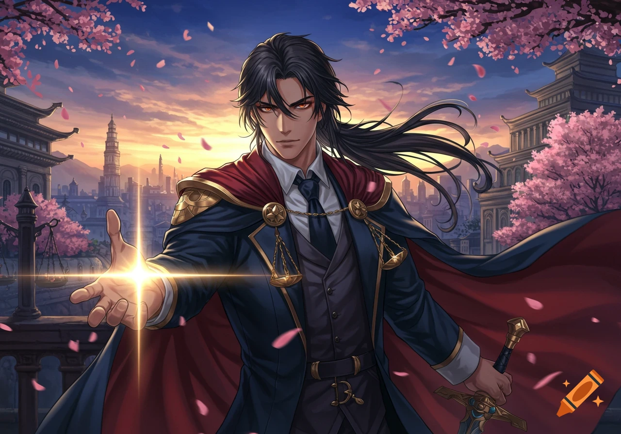 Anime man with long dark hair, suit, red cape, and scales of justice extends a glowing hand before a city at sunset with cherry blossoms.
