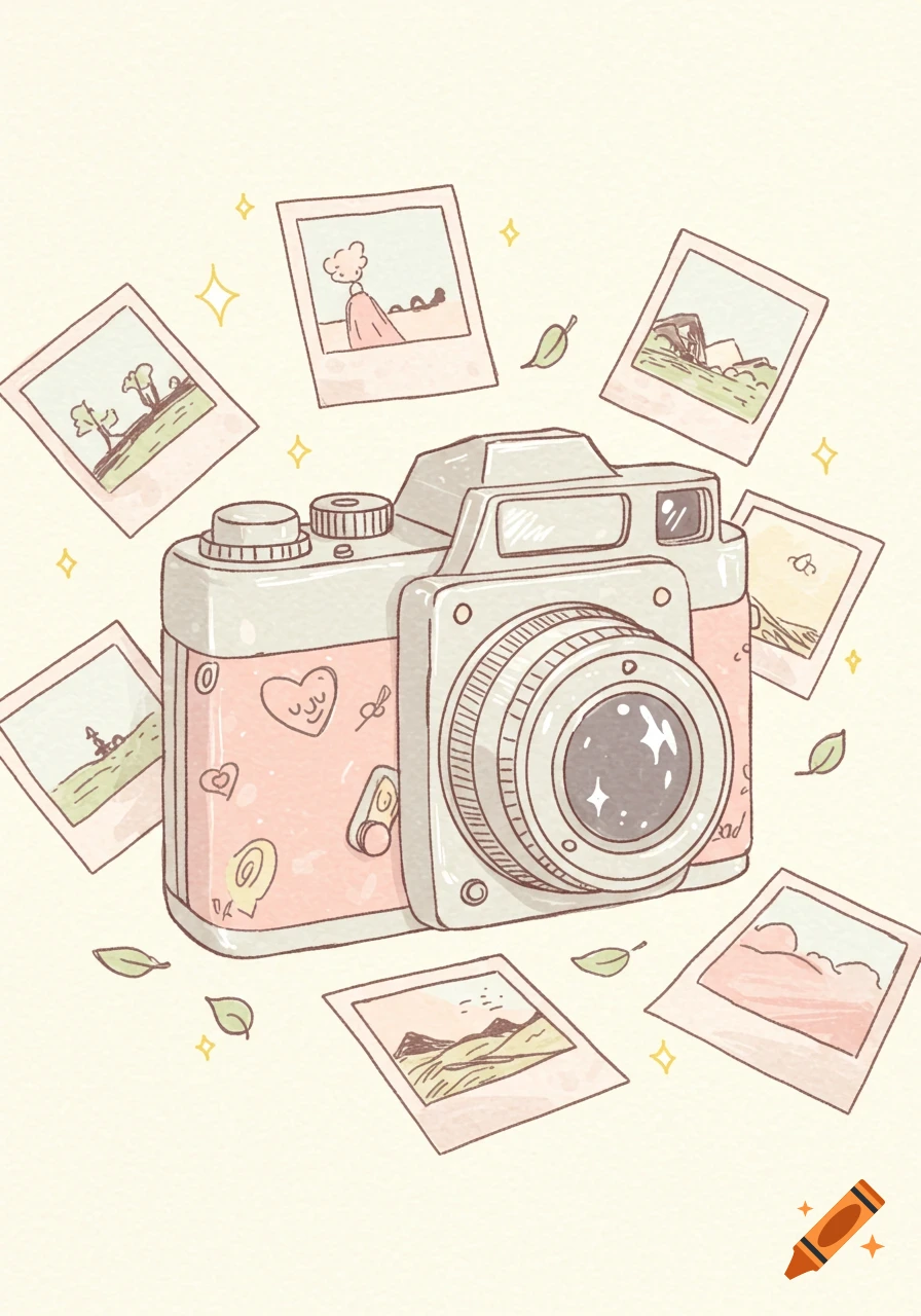 A cute doodle drawing of an old camera surrounded by polaroid-style photos and sparkling elements on a light background.