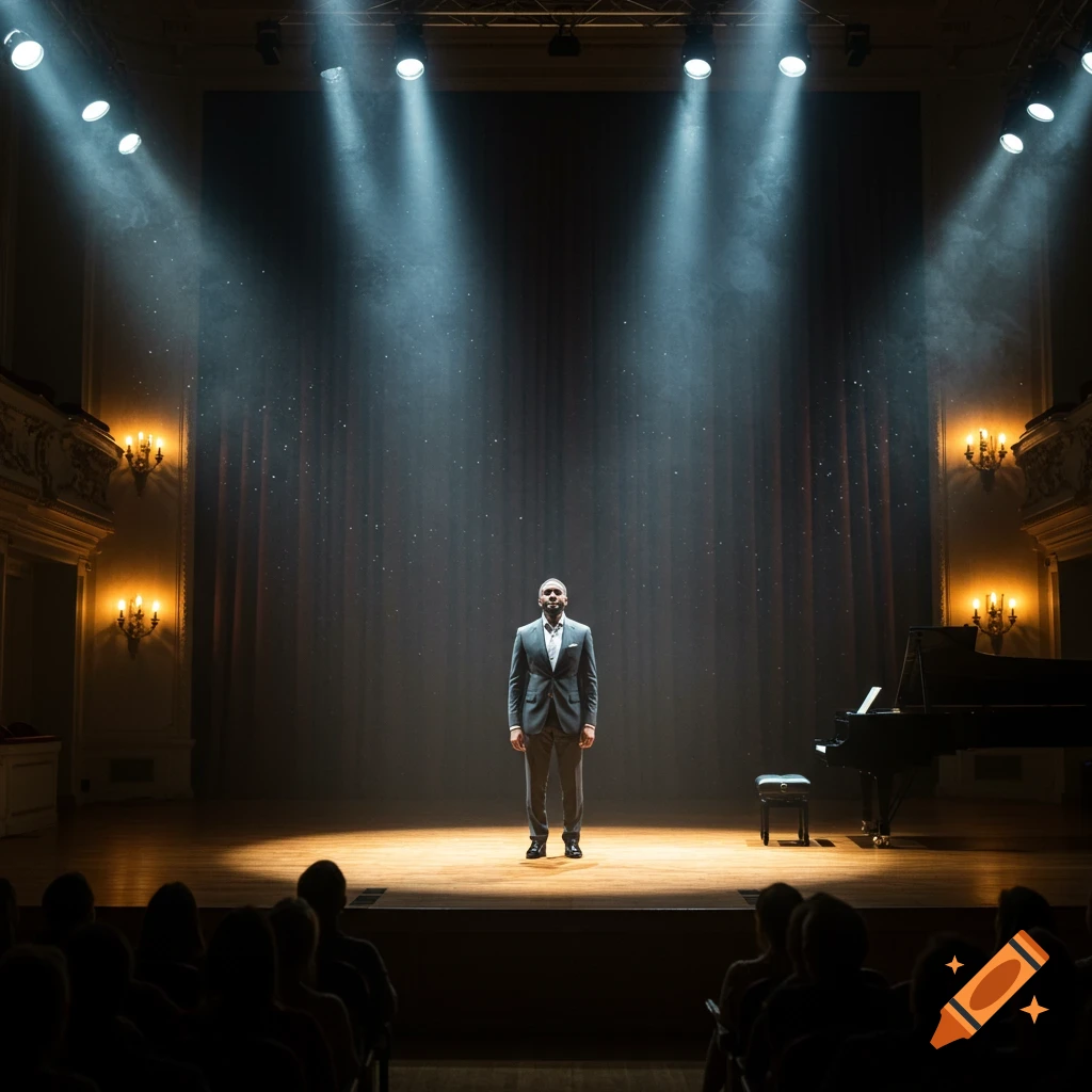 A man in a suit stands on a spotlighted stage with a grand piano, facing an audience in a dark theater.