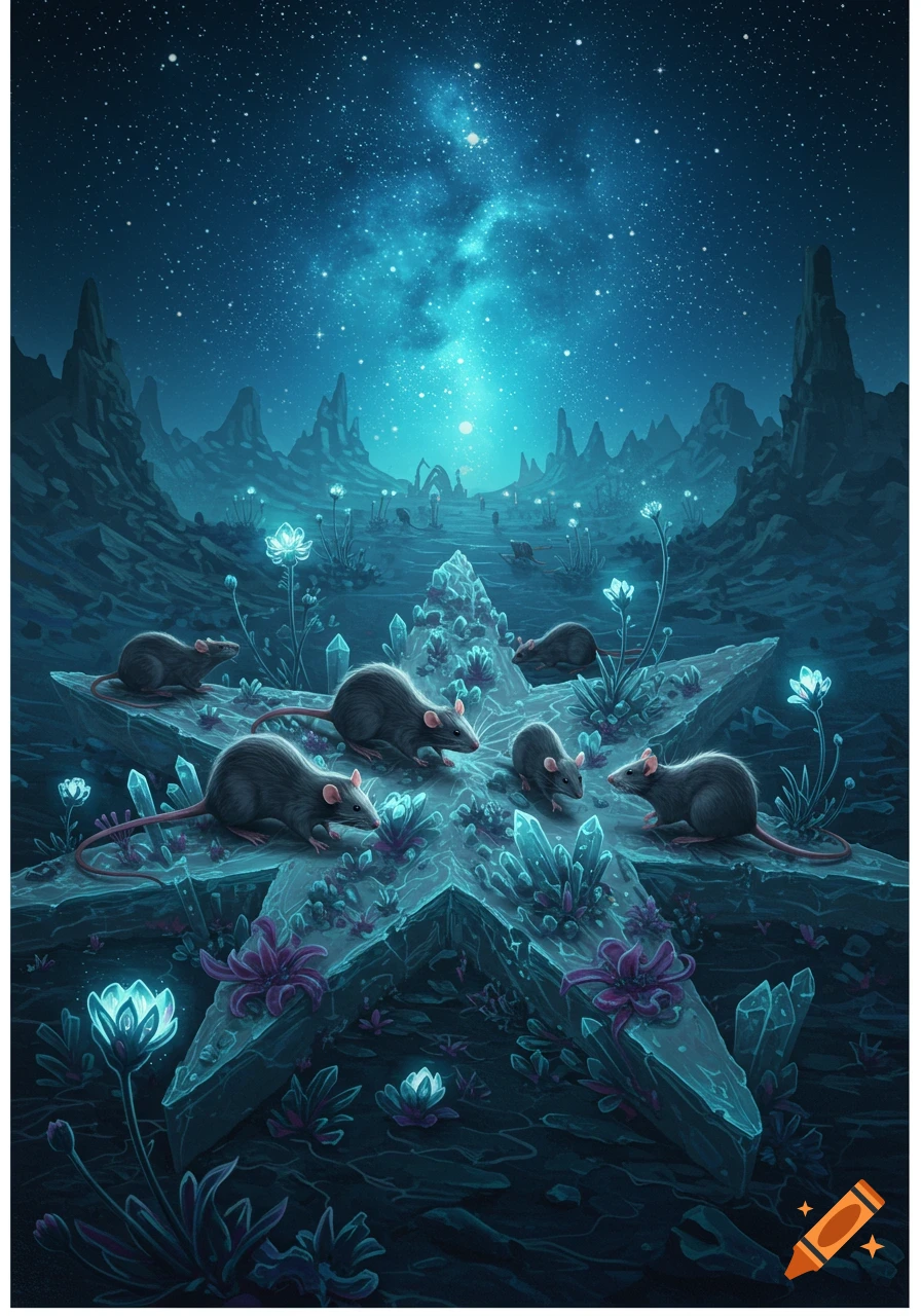 Multiple rats on a glowing star-shaped crystal in a dark, alien landscape with illuminated plants under a starry blue night sky.