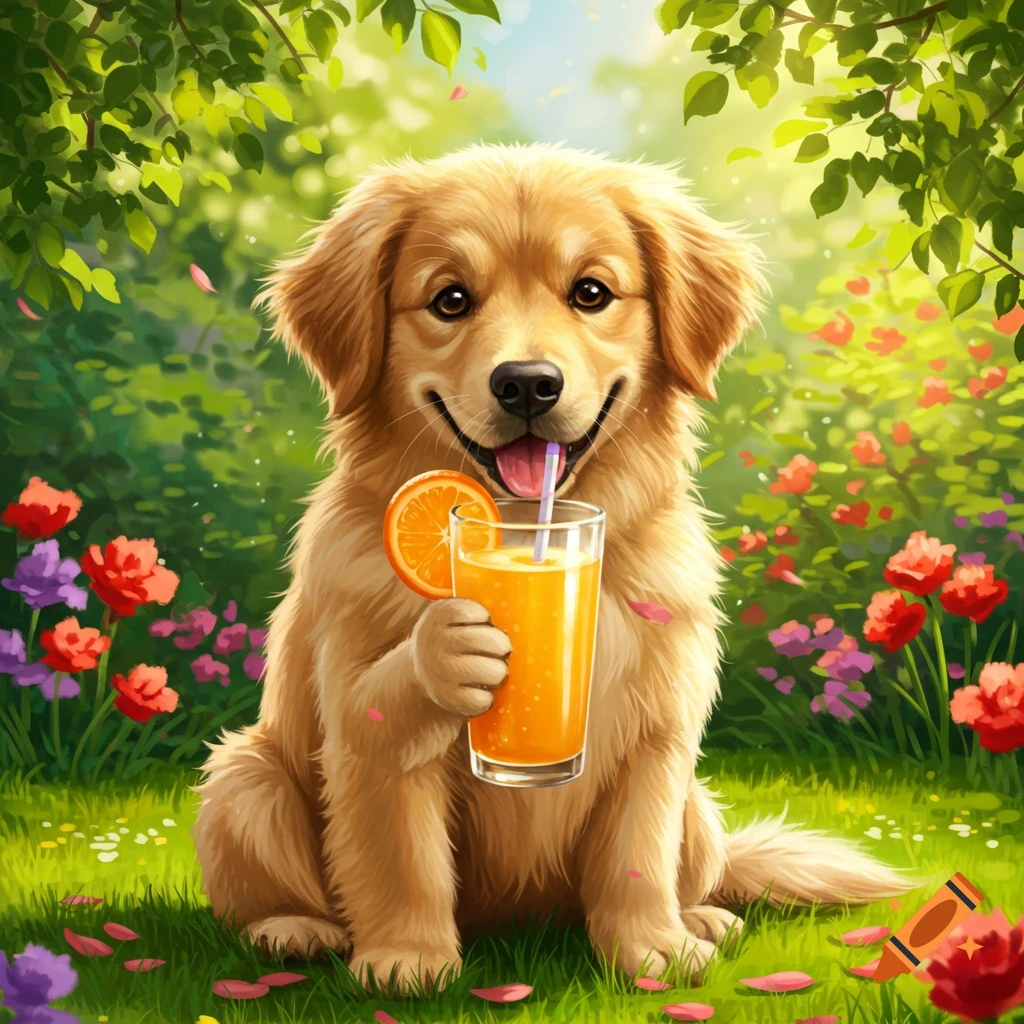 A cute golden retriever dog with a big smile sits in a vibrant garden, holding a glass of orange juice with a straw.