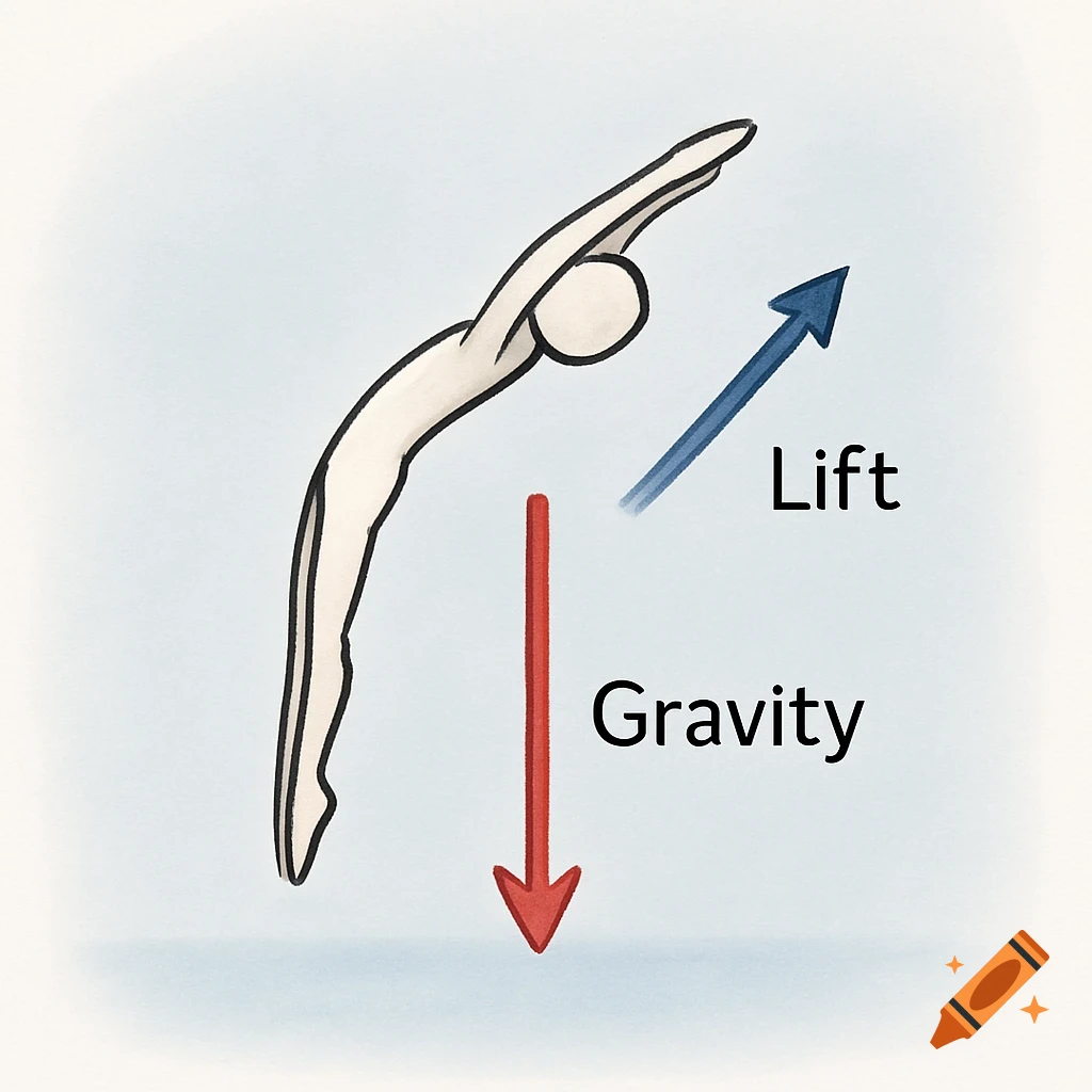A simple diagram of a stylized diver showing a blue 'Lift' arrow pointing diagonally up and a red 'Gravity' arrow pointing down.