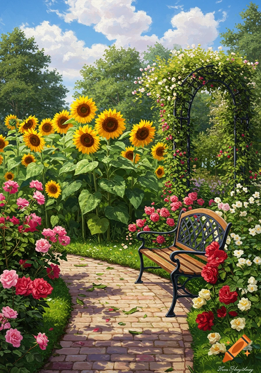 A vibrant garden with a brick path winding past tall sunflowers, pink and red roses, and a wooden bench under a climbing rose arch.