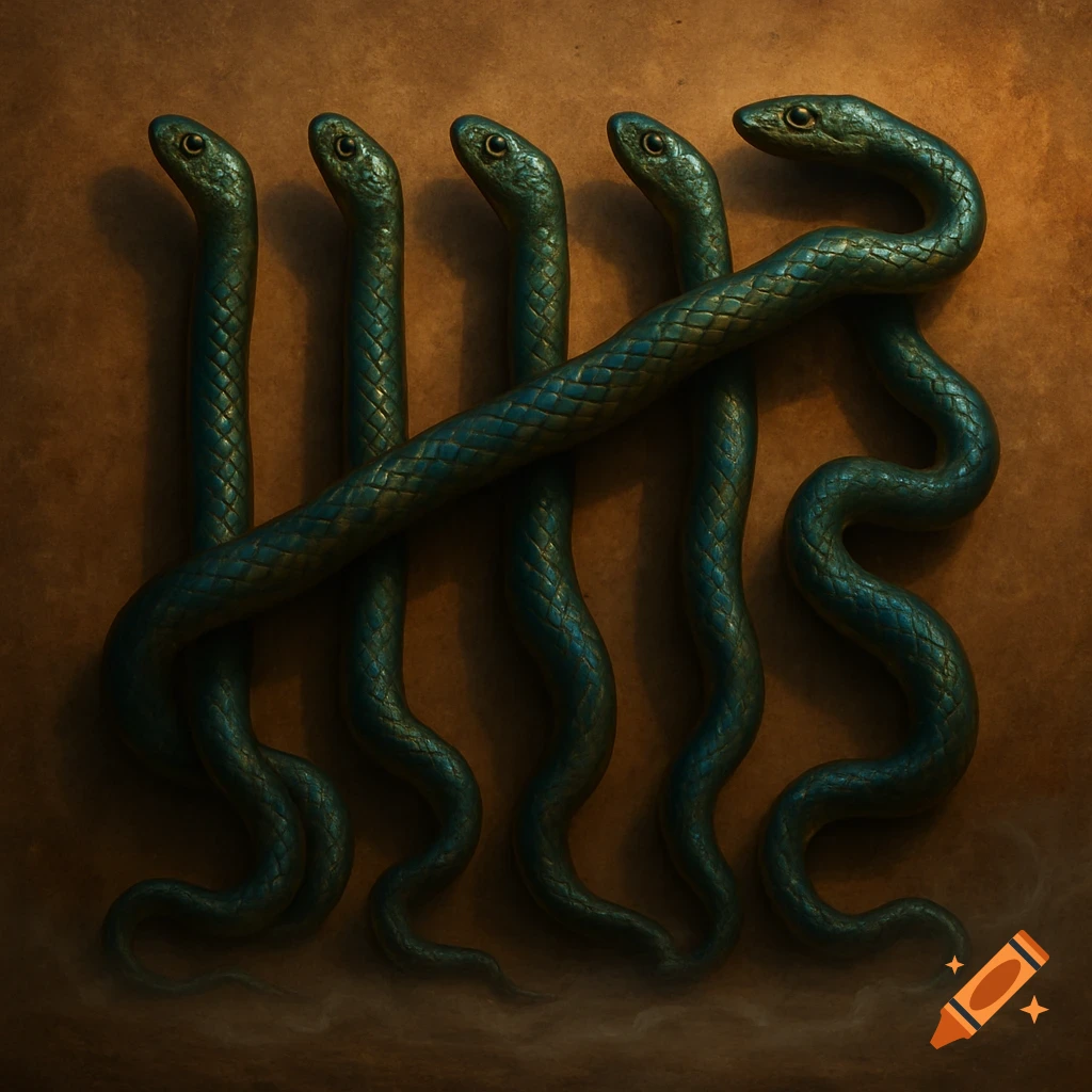 Five teal-blue snakes stand vertically with one crossing horizontally against a warm brown, textured background in a stylized art piece.