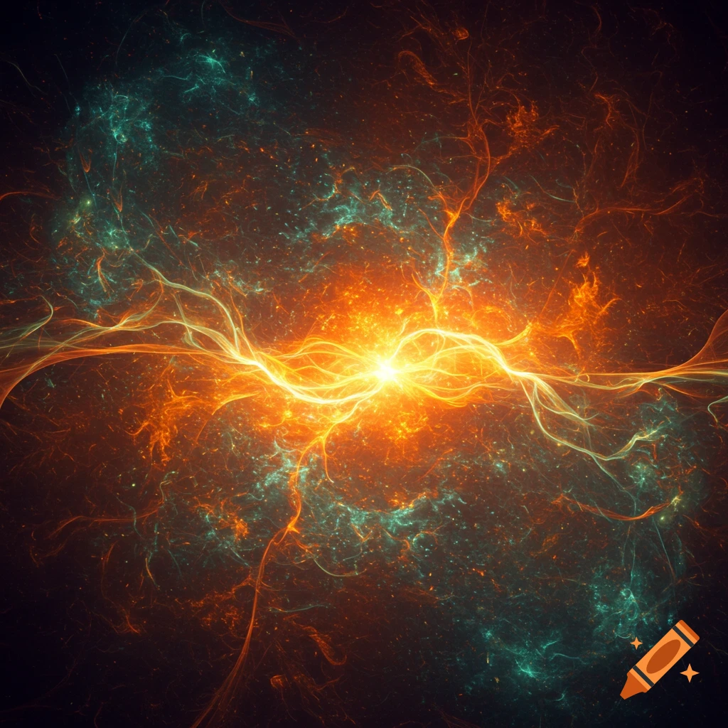 Vibrant abstract energy streams in orange and teal with a bright light burst at the center against a dark background.