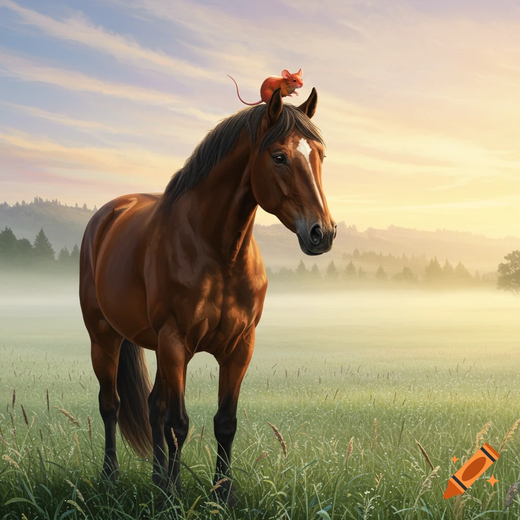 A brown horse with a small red mouse on its head stands in a misty green field under a dawn sky, photorealistic style.