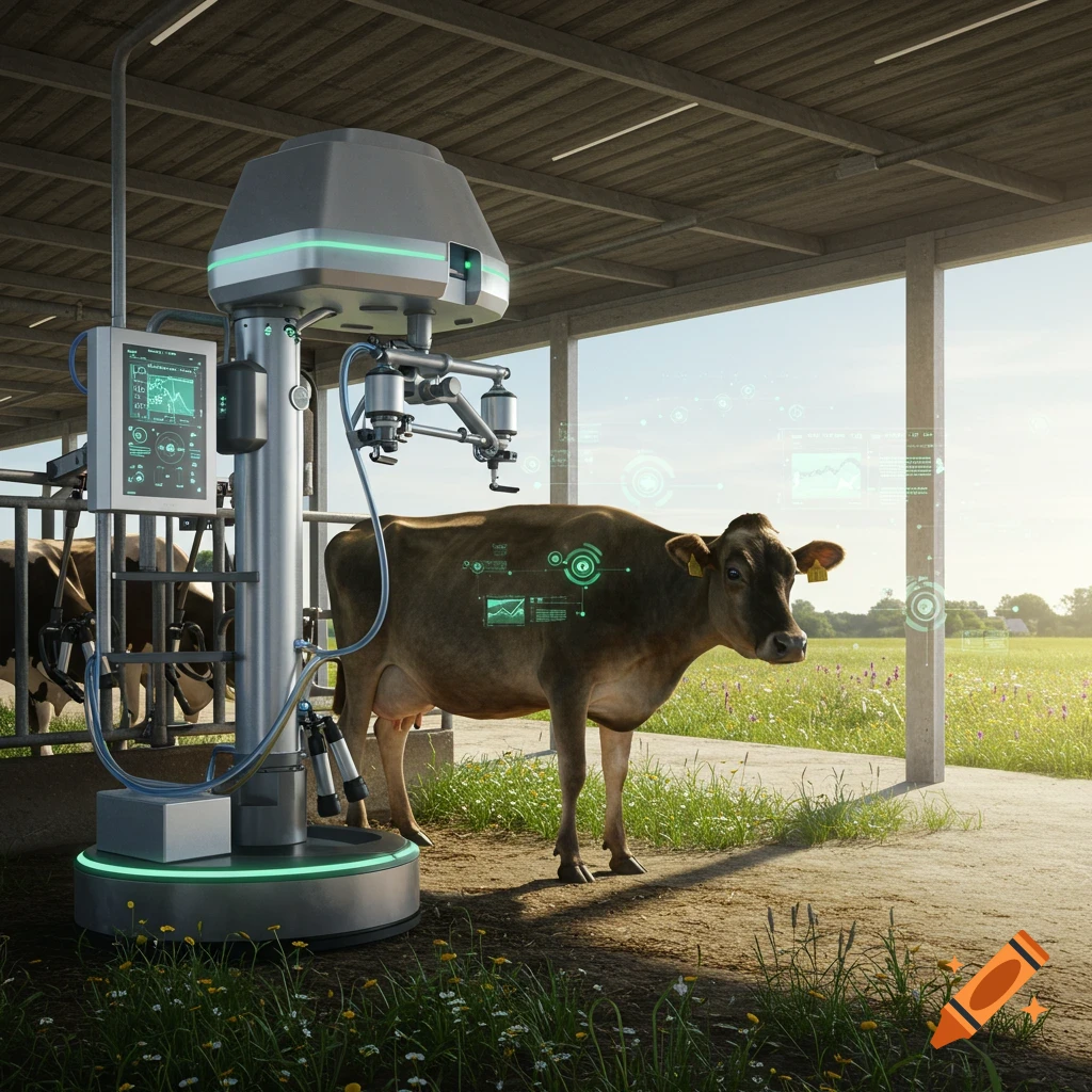 A Jersey cow stands next to a futuristic robotic milking machine with holographic data displays in a modern barn, photorealistic.